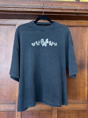 SILVER FRONT & BLACK GLITTER BACK ON WASHED BLACK T-SHIRT (FRONT AND BACK PRINT - BOXY FIT)