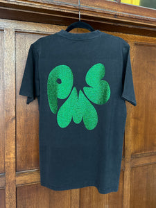 DEEP GREEN FRONT & BLACK GLITTER ON WASHED BLACK T-SHIRT (SIZE L REGULAR FIT)