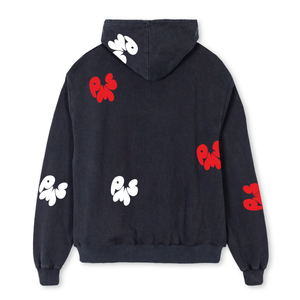 WASHED BLACK OVERSIZED PMS HOODIE WITH WHITE & RED CRINKLY PUFF LOGOS