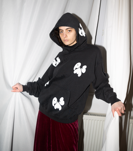 MADE TO ORDER: WASHED BLACK OVERSIZED PMS HEAVYWEIGHT HOODIE WITH SOFT VELVETY LOGOS IN VARIOUS COLOUR COMBINATIONS