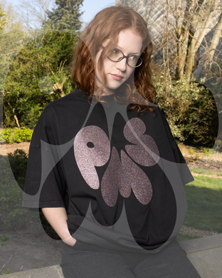 SILVER GLITTER HOLOGRAM PINK LOGO ON WASHED BLACK T-SHIRT (OVERSIZED BOXY FIT)